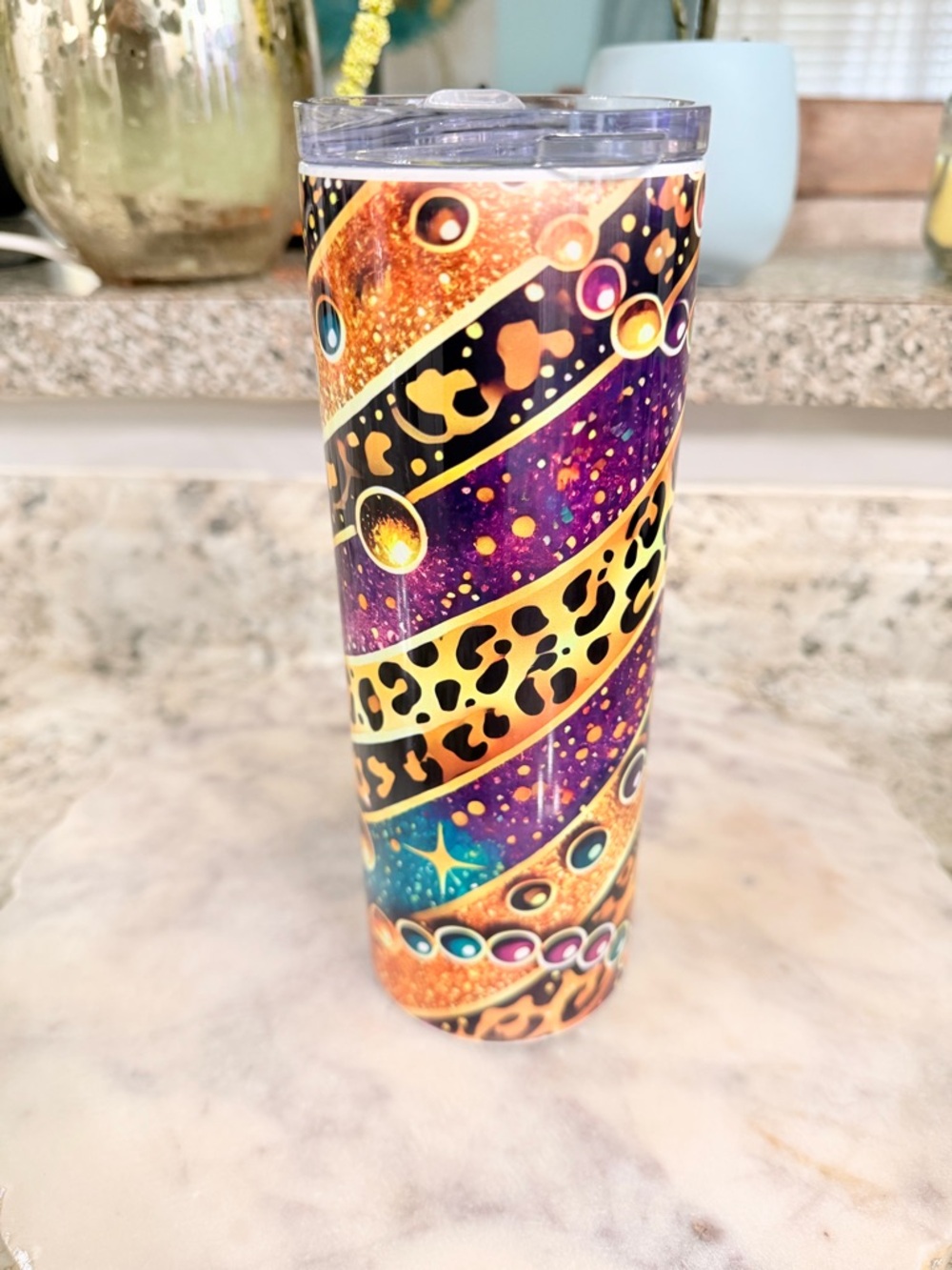 Mardi Gras Leopard & Galaxy Travel Tumbler - Purple/Gold